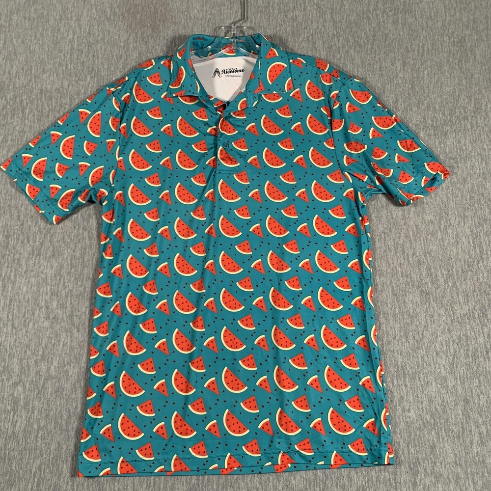 Royal &‎ Awesome Polo Shirt Mens Medium Blue Watermelon Golf Stretch Print